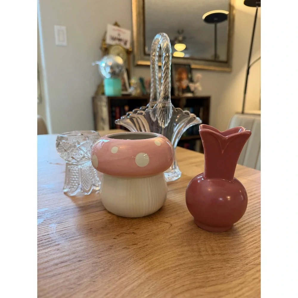 Vintage Whimsical Pink Mushroom & Glass Vase Set Cottagecore Decor 4pc Bundle